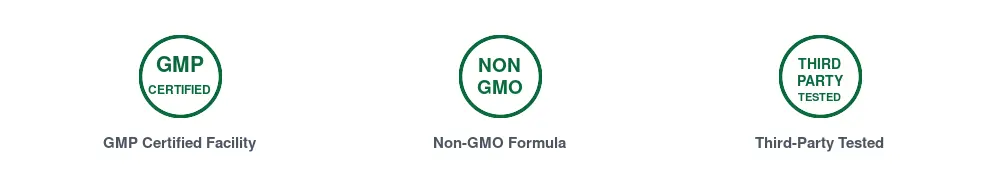 Producer badges: GMP certified facility, non-GMO formula, third-party tested